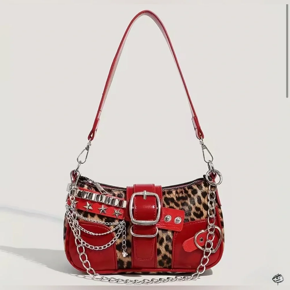 Y2K Leopard Print Shoulder Bag Red Studded Chain Punk Grunge Purse - NEW - Picture 5 of 9